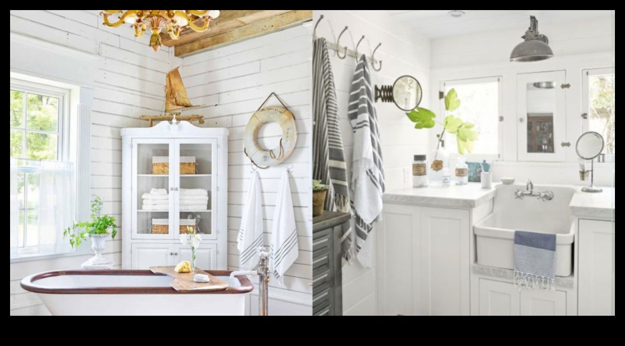 Lauku mājas stila vannas istabas dekoru idejas