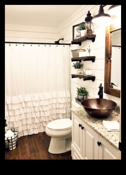 Lauku mājas stila vannas istabas dekoru idejas